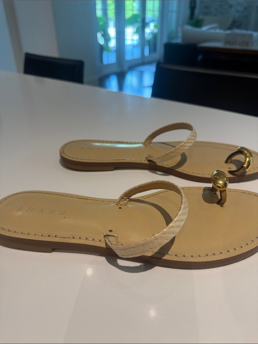 Woven Beige Toe-Ring Flat Sandals with Gold Accent